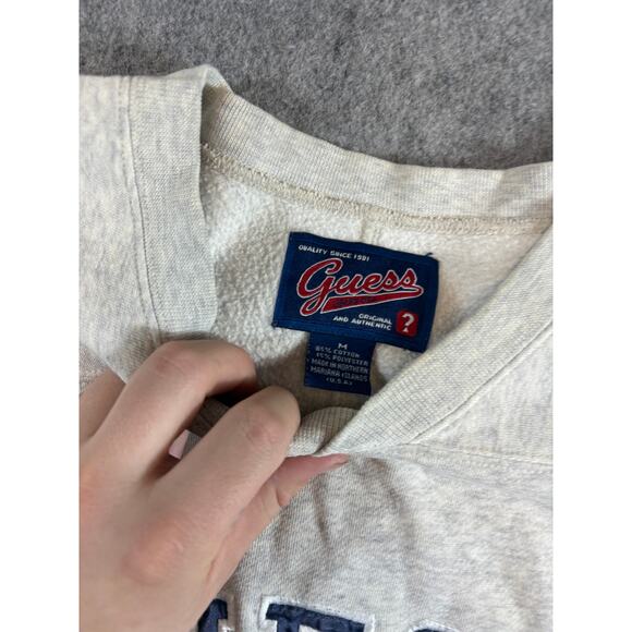 Vintage 90s Guess V Neck Sweatshirt Mens Medium Gray Embroidered Logo Relaxed - Picture 3 of 5